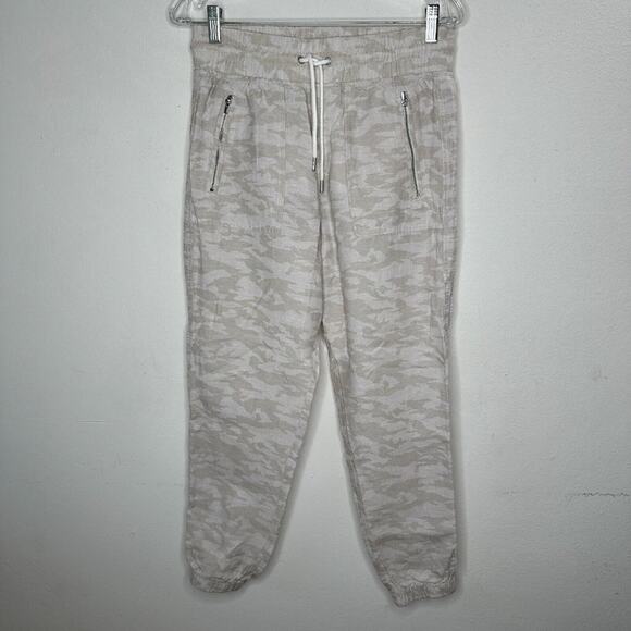 Athleta Cream & Tan Camo Cabo Print Tied Linen Jogger Pant Zip Front Pockets 4 - Picture 3 of 15